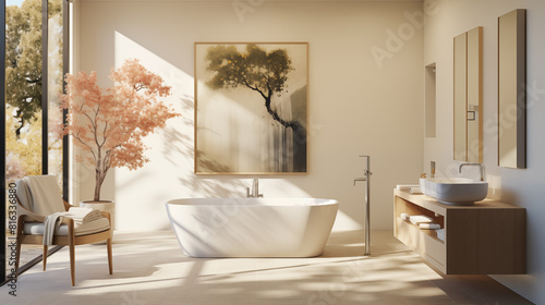 Tranquil bathroom with freestanding bathtub  artwork  and natural elements