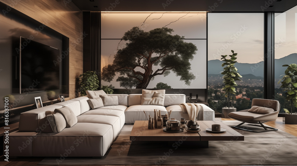 Obraz premium Modern living room with panoramic view and elegant white sectional sofa