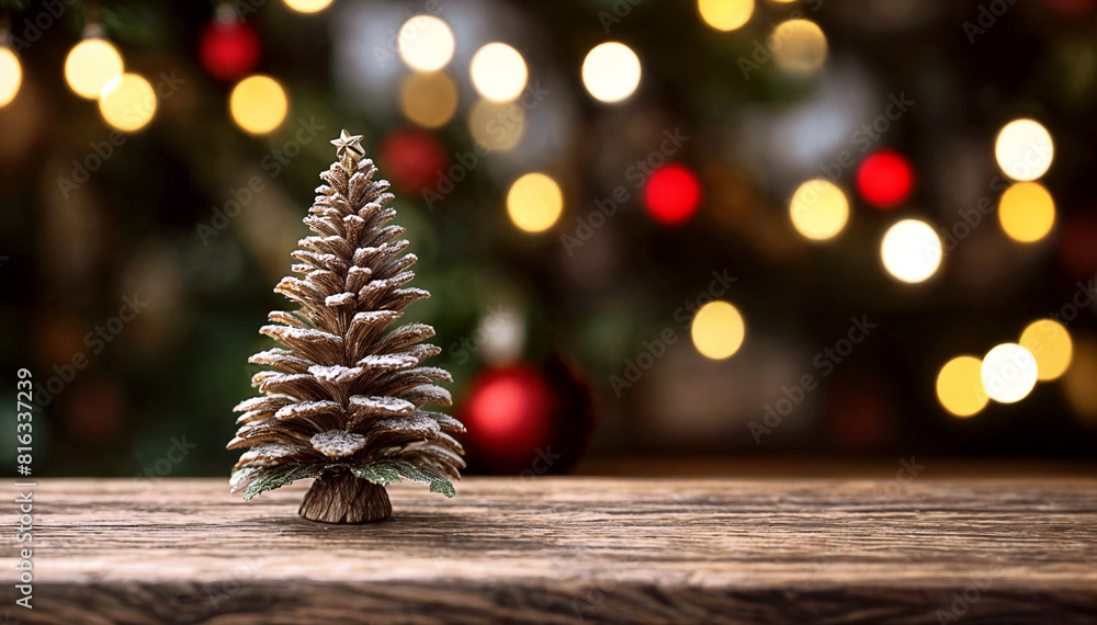 Close-Up Miniature Festive Pine Cone on Wooden Surface - Holiday Season decoration, Warm Bokeh Lights, Christmas Ambiance Background Close-Up Miniature Festive Pine Cone on Wooden Surface - Holiday Season decoration, Warm Bokeh Lights, Christmas Ambiance Background