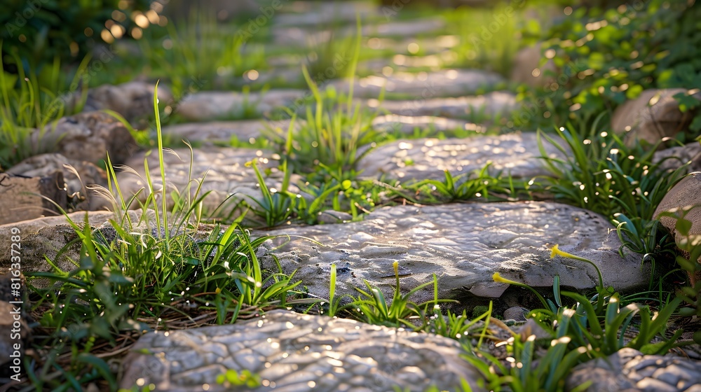 Garden stone path with grass growing up between the stones.Detail of a botanical garden. Garden stone path with grass growing up between the stones.Detail of a botanical garden.