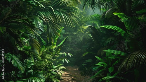 Mysterious Tropical Jungle Pathway at Dawn Light