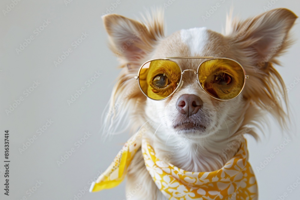 Fashionable Pooch in Yellow Sunglasses and Bandana
