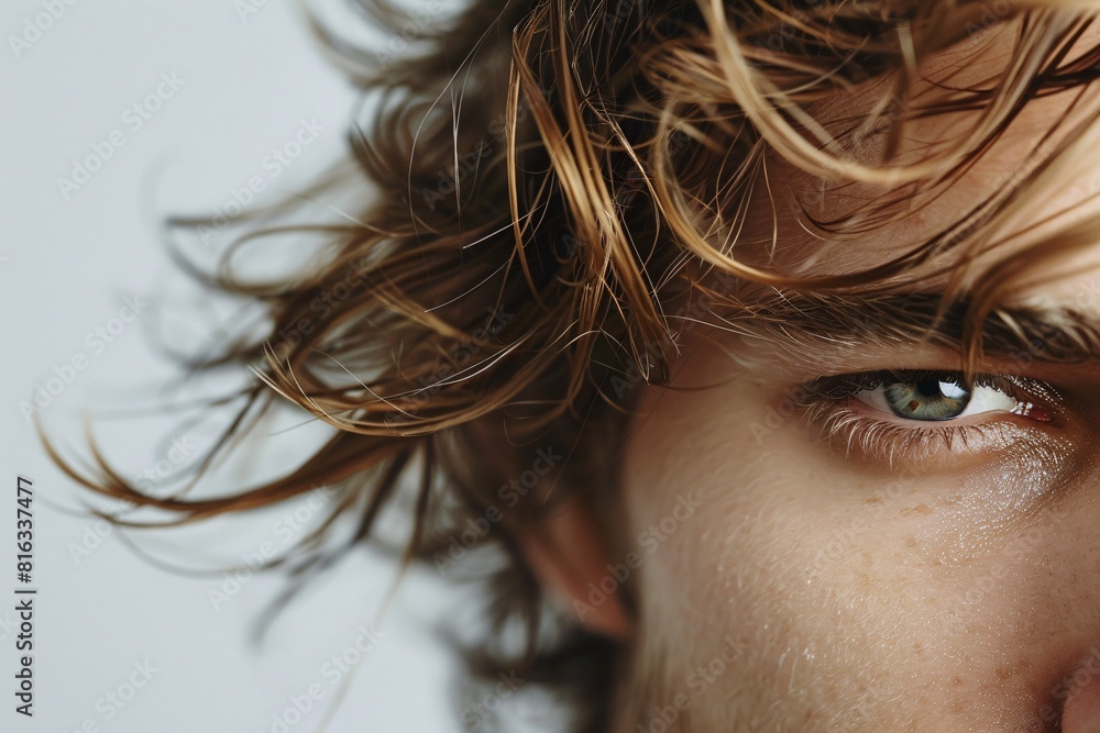 Intense Gaze: Close-up Portrait of a Person with Wavy Hair