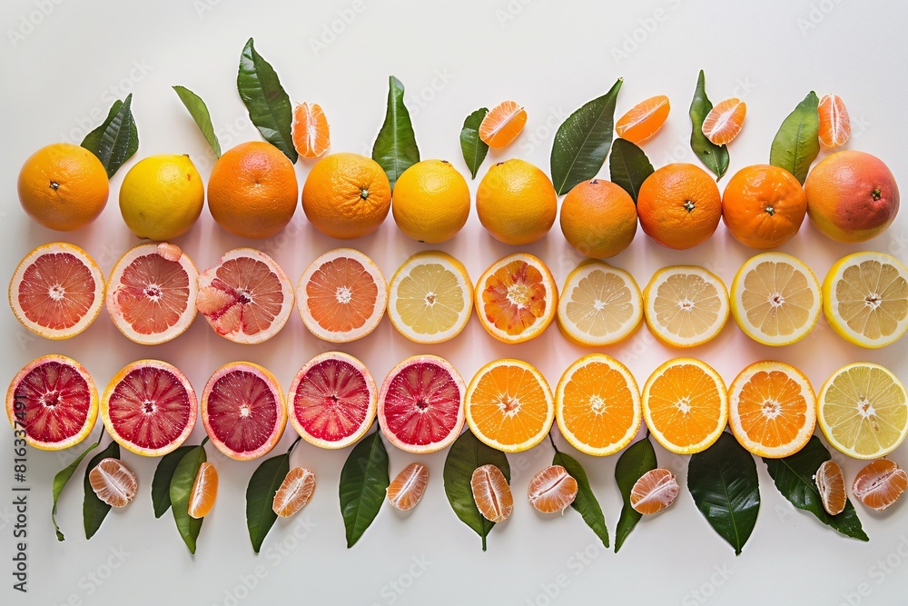 Vibrant Citrus Display: A Collection of Oranges and Grapefruits Arranged on a Table