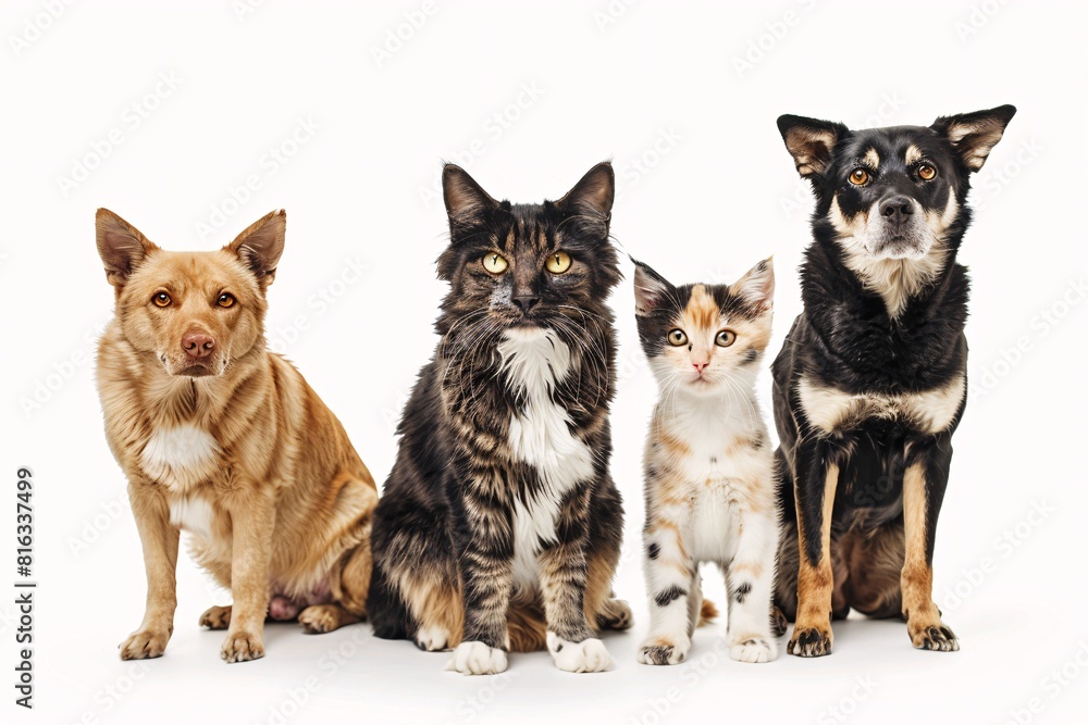 A Family of Domestic Animals: Three Dogs, a Cat, and a Kitten