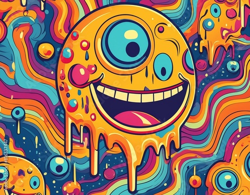 vibrant psychedelic pattern featuring a melting smiling and colorful cartoon face This retro inspired design exudes a playful charm