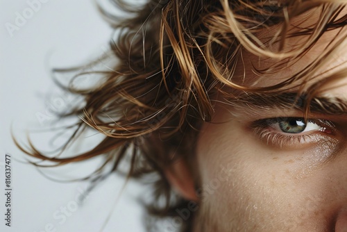 Obraz na płótnie Intense Gaze: Close-up Portrait of a Person with Wavy Hair w salonie