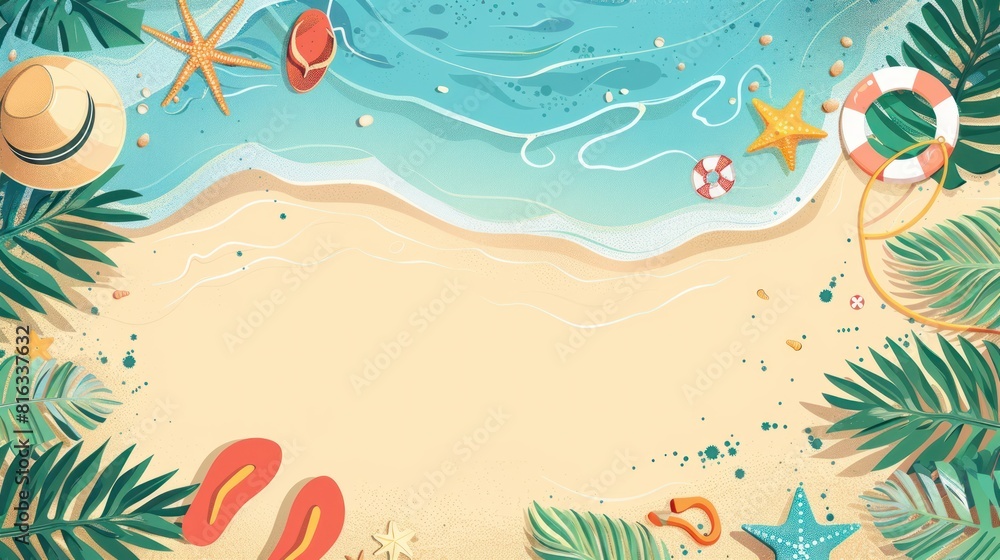 Beach elements and a top-down shot of the sea in a banner. Beach elements and a top-down shot of the sea in a banner.