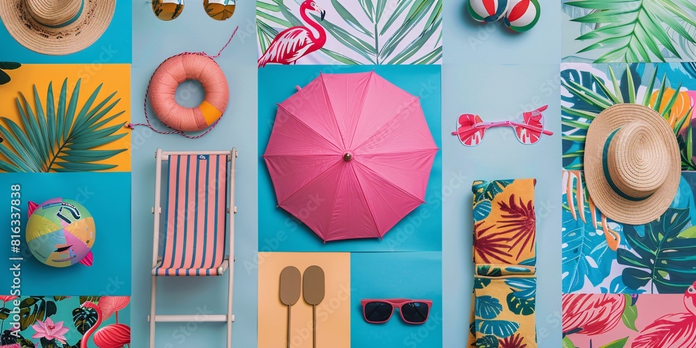 Tropical Vacation Collage with Beach Items and Colorful Decor