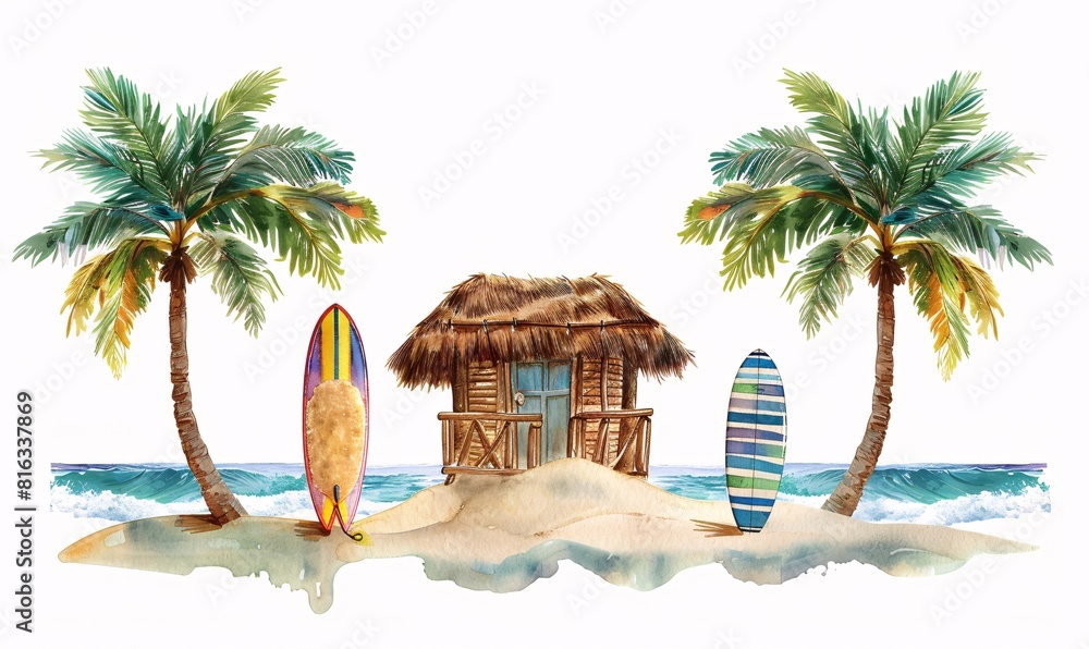 Beachfront Hut with Palm Trees and Surfboards