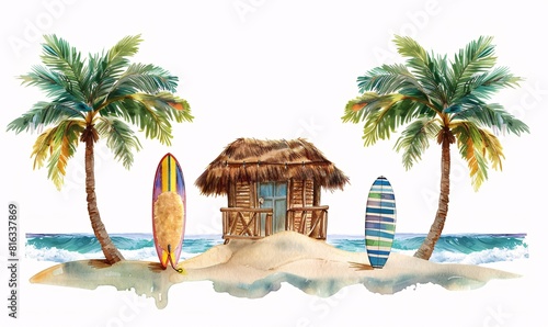 Obraz na płótnie Beachfront Hut with Palm Trees and Surfboards w salonie