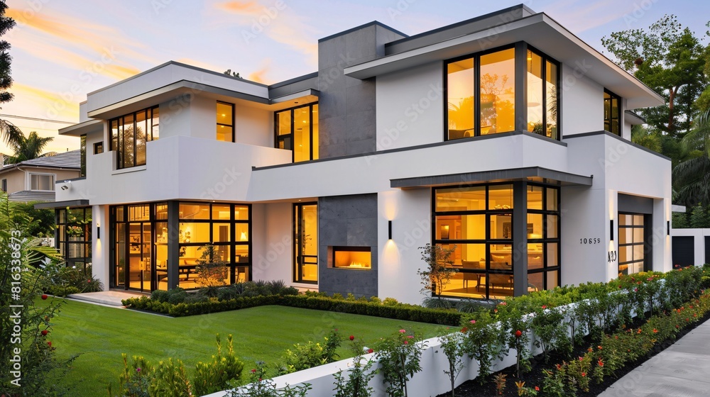 Modern Two-Story Home with Expansive Windows and Landscaping at Dusk Modern Two-Story Home with Expansive Windows and Landscaping at Dusk