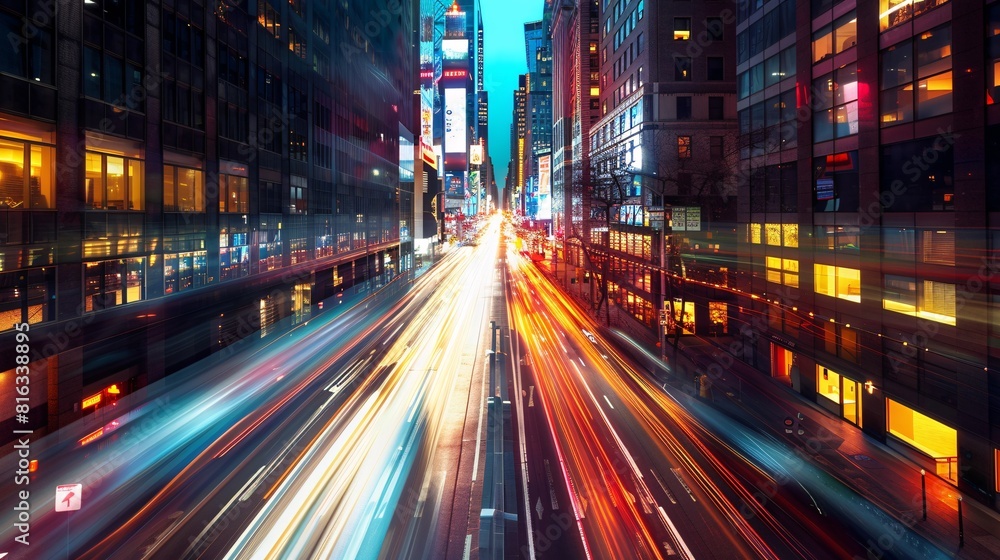 Vivid Cityscape at Dusk with Blurred Traffic Vivid Cityscape at Dusk with Blurred Traffic