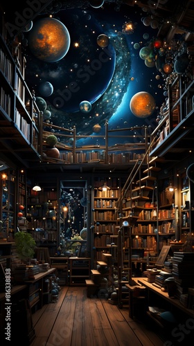 A cozy library with a starlit night sky visible through