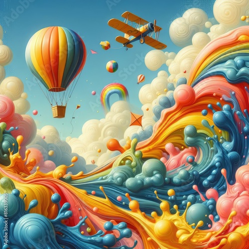 Airborne Adventure  Oil Painted Beautiful Sky with Hot Air Balloons  Airplanes  and Kites