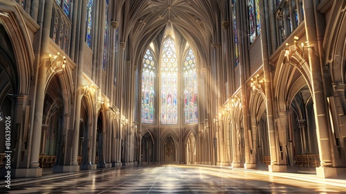 Imposing Gothic Cathedral Interior with Stained Glass Windows