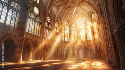 Cathedral Interior  Sunlit Stained Glass and Gothic Architecture