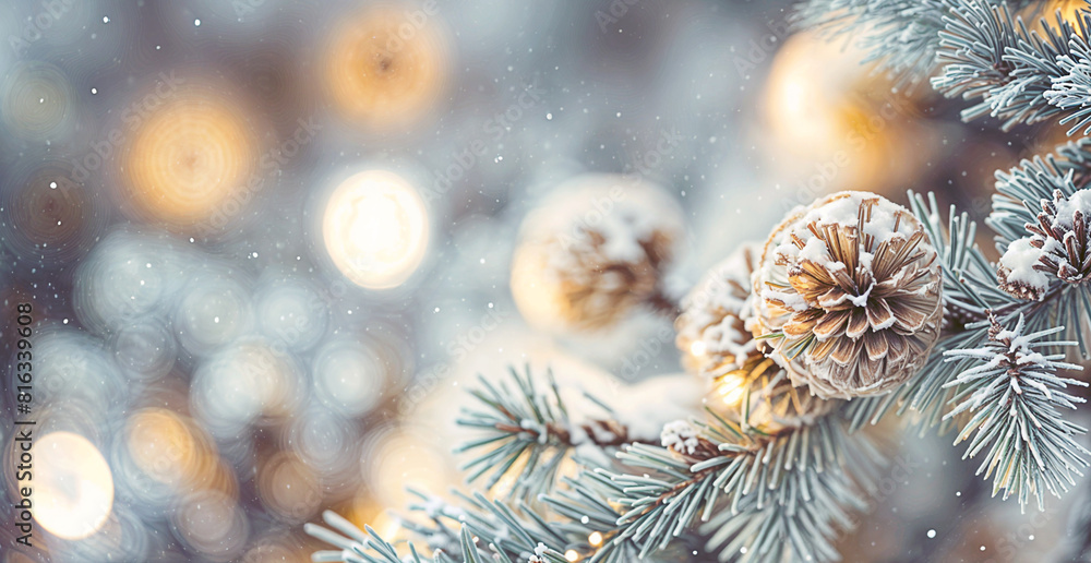 Winter Wonderland - Close-up of Snow-Dusted Pine Cones and Fir Branches with Golden Bokeh Lights, Festive Holiday Background
