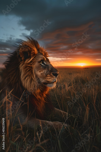 King of the Savannah: Majestic Lion Amidst A Breathtaking Sunset