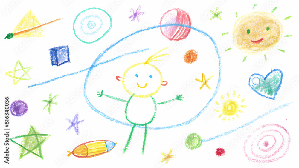 Simple objects and figures come to life through a child's playful hand-drawn artwork, showcased on a clean white background. Simple objects and figures come to life through a child's playful hand-drawn artwork, showcased on a clean white background.