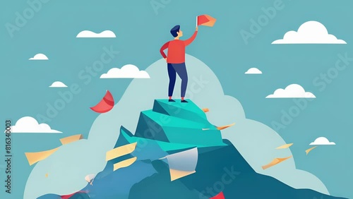 A person standing on top of a mountain of bills debunking the idea that debt is an inevitable part of adulthood. photo