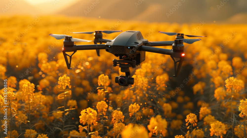 Drone flying over golden flower field at sunset Drone flying over golden flower field at sunset