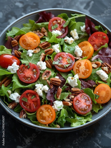 A beautiful healthy salad with goat cheese, tomatoes, and walnuts. 