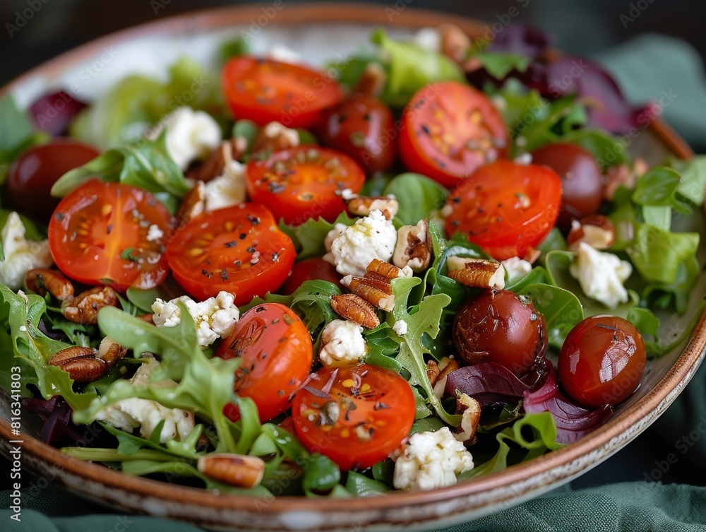 A beautiful healthy salad with goat cheese, tomatoes, and walnuts. A beautiful healthy salad with goat cheese, tomatoes, and walnuts.