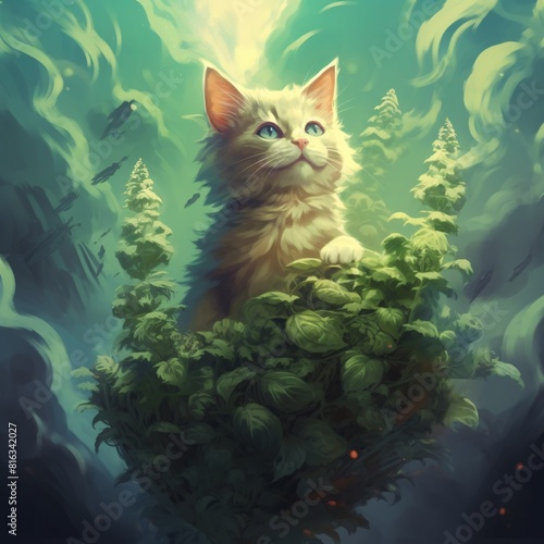 A Cat with Dreamy Eyes Amidst a Plant and Floating in the Air".."Fantasy Feline: A Whimsical Cat Surrounded by Nature and Clouds