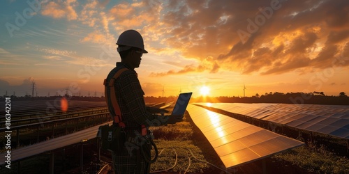 Professional engineer with safety helmet working and checking while standing in front of solar cell panel with orange sun ray. Smart technician or electrician inspect panel while taking a note. AIG42.