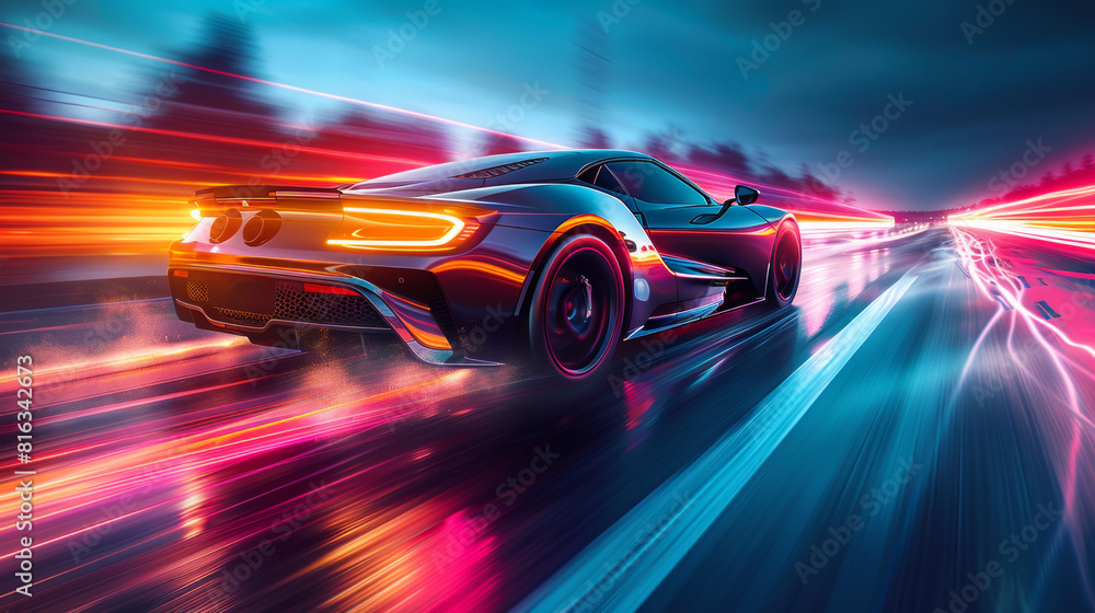 High-Speed Sports Car on Neon-Lit Highway at Night High-Speed Sports Car on Neon-Lit Highway at Night