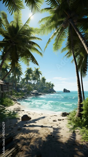 A deserted beach with a mysterious cave in the distance