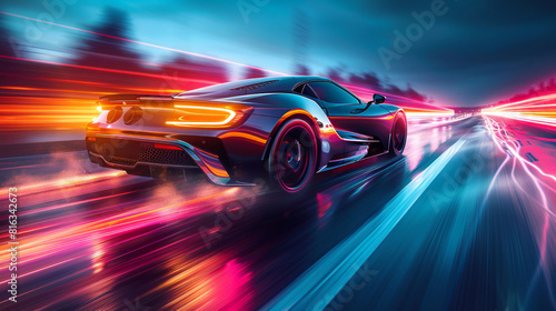 High-Speed Sports Car on Neon-Lit Highway at Night