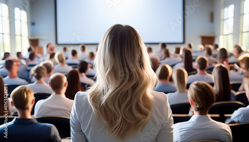 The woman lecturer controls lecturs in seminar room  wide projector in front of class  AI generative