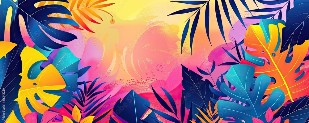 A colorful illustrated banner of tropical foliage. The background is suitable for a website header. A colorful illustrated banner of tropical foliage. The background is suitable for a website header.