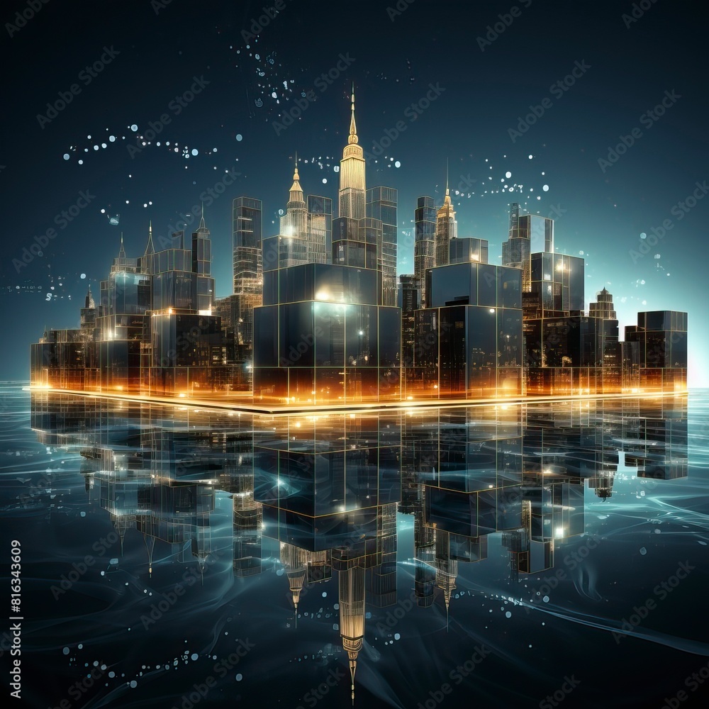 Fototapeta premium A digital city with lights and neon in the style of