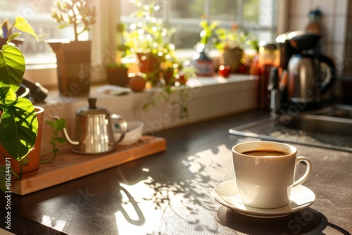 Morning sunlight illuminating a freshly brewed cup of drip coffee, surrounded by brewing equipment on a kitchen counter.