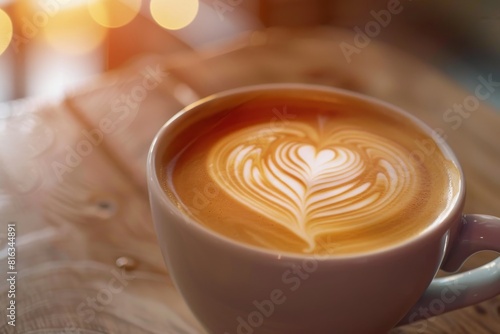 A close-up illustration of a beautifully crafted latte art in a ceramic cup, showcasing a detailed rosetta or heart pattern photo