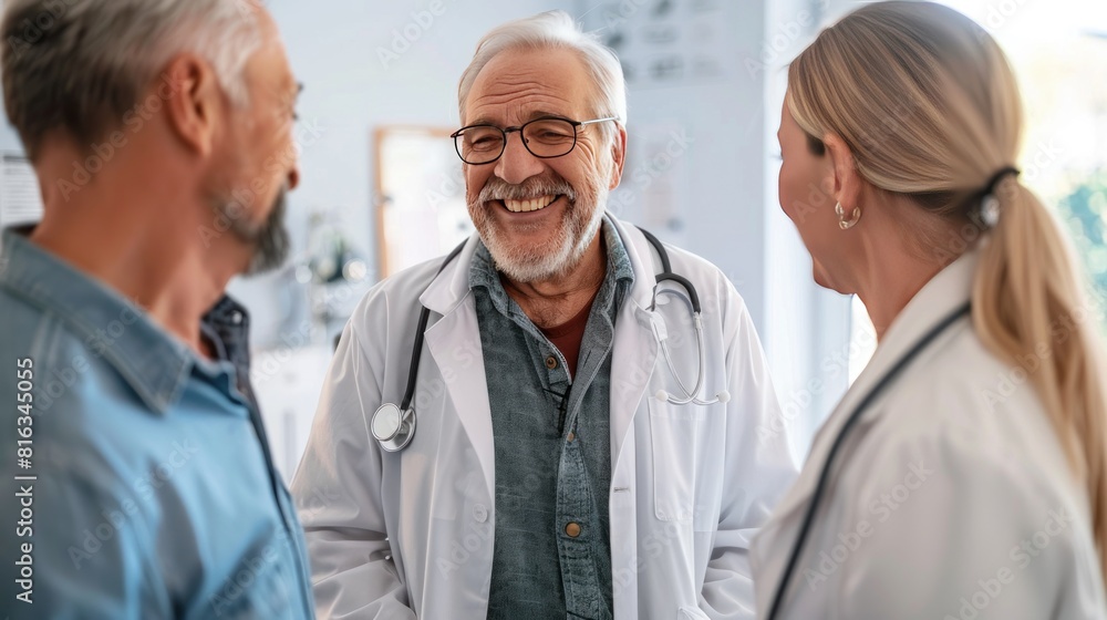 Smiling senior man talking with wife and doctor in examination room AI generated Smiling senior man talking with wife and doctor in examination room AI generated