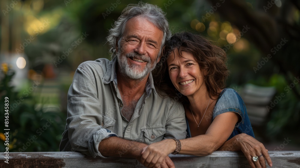 Enduring Love: Mature Couple Embracing with a Smile on Wooden Bench in Tranquil Park Enduring Love: Mature Couple Embracing with a Smile on Wooden Bench in Tranquil Park