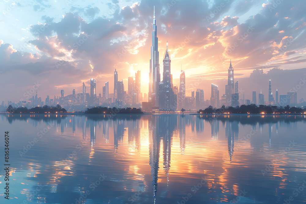 Fototapeta premium In a futuristic skyline, modern skyscrapers soar, defining the landscape of a smart city, symbolizing innovation, progress, and urban sophistication.