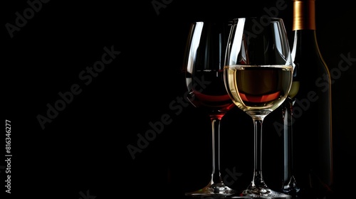 Wine Glasses and Bottles with Red and White Wine on Black Background