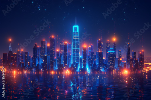In a futuristic skyline  modern skyscrapers soar  defining the landscape of a smart city  symbolizing innovation  progress  and urban sophistication   silhouette logo in the wireframe style on a dark 