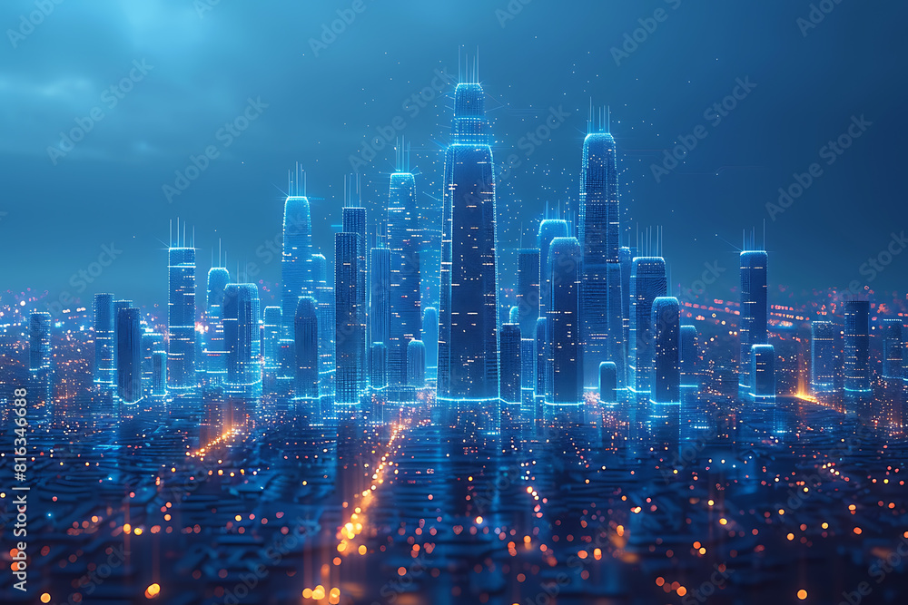 In a futuristic skyline, modern skyscrapers soar, defining the landscape of a smart city, symbolizing innovation, progress, and urban sophistication , silhouette logo in the wireframe style on a dark 