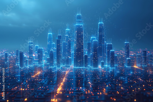 Wallpaper Mural In a futuristic skyline, modern skyscrapers soar, defining the landscape of a smart city, symbolizing innovation, progress, and urban sophistication , silhouette logo in the wireframe style on a dark  Torontodigital.ca