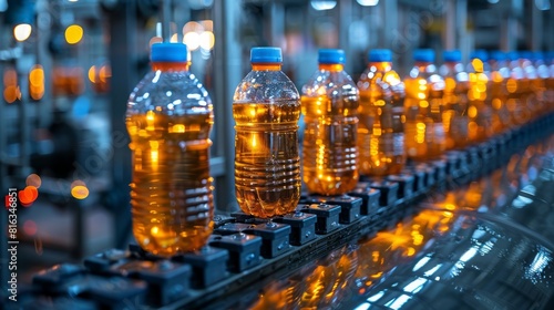 Bottles of orange liquid on a conveyor belt in a brightly lit factory setting.