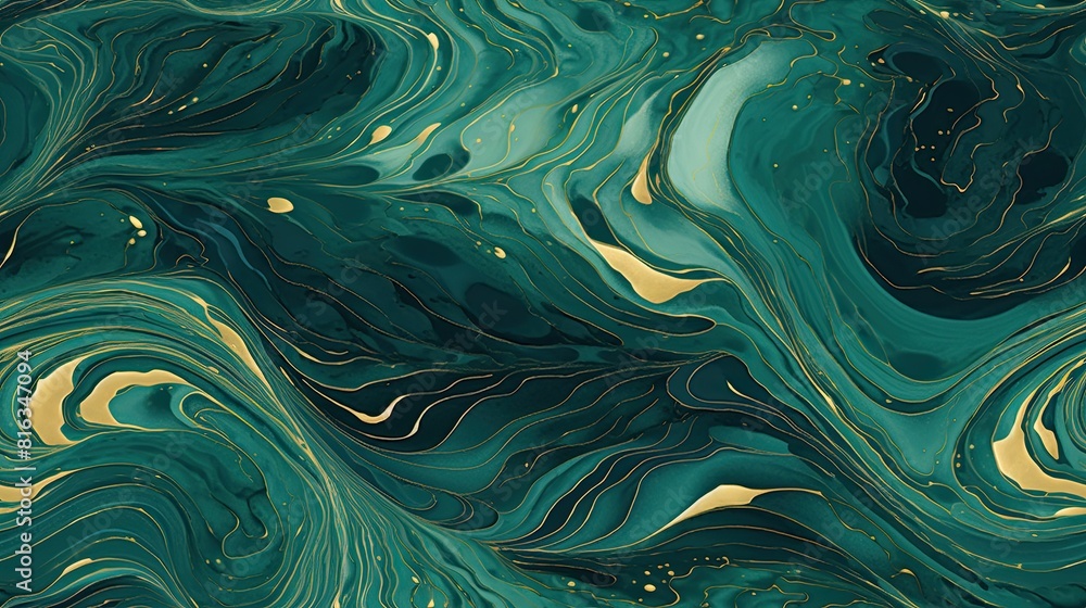 Textured canvas of swirling marble patterns in shades of emerald and gold Textured canvas of swirling marble patterns in shades of emerald and gold
