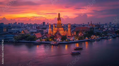 at Arun pagoda at sunset, captured from a riverside hotel overlooking the Chao Phraya River. A picturesque travel destination that encapsulates the essence of Thailand's capital city. photo