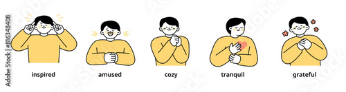 Boy upper body character expressing 5 different emotions - Set 5. Simple outline vector illustration.