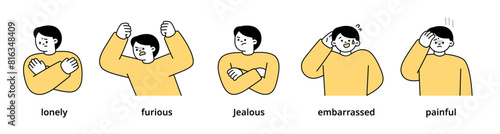 Boy upper body character expressing 5 different emotions - Set 7. Simple outline vector illustration.